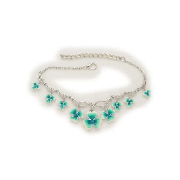 Women Silver Metal Chain Boot Bracelet Shoe Bright Baby Blue Clover Flower Charm - Picture 7 of 12